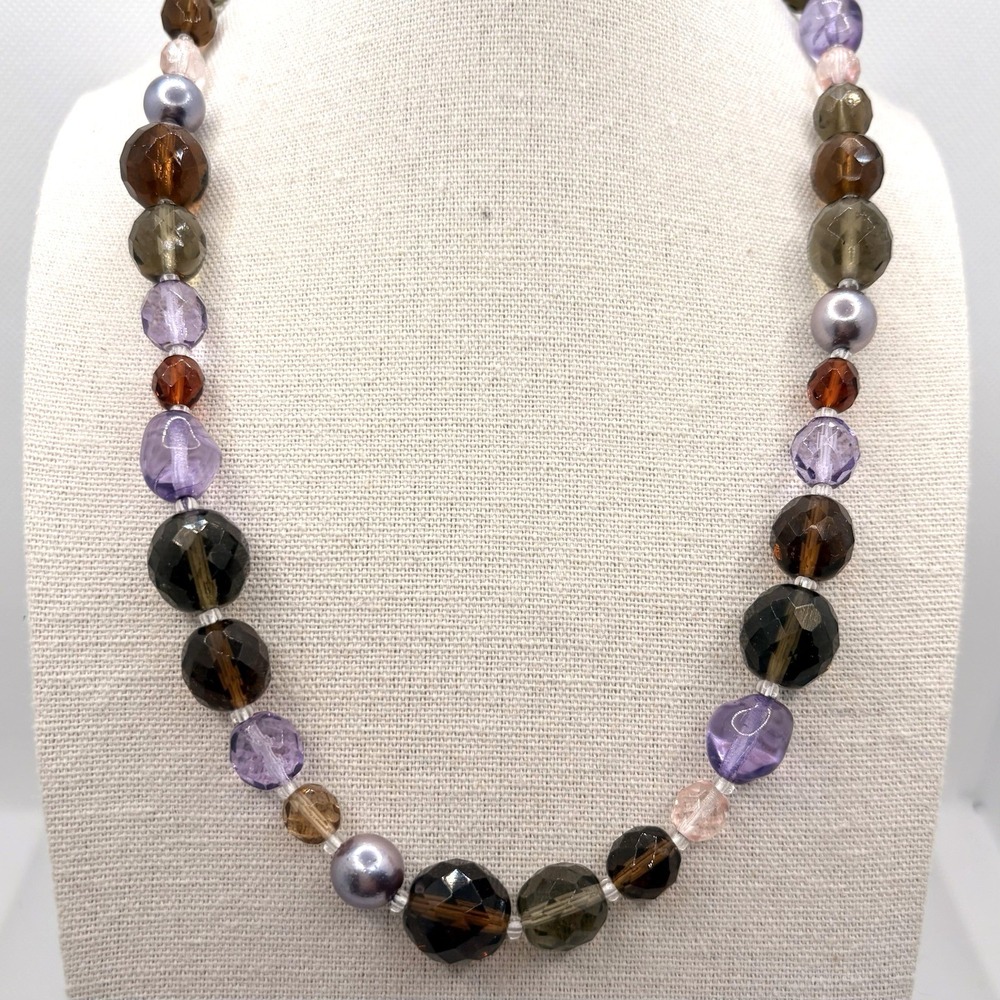 Vintage Joan Rivers Purple Green Brown Glass Necklace w/ Faux Pearl Accents 20"‎